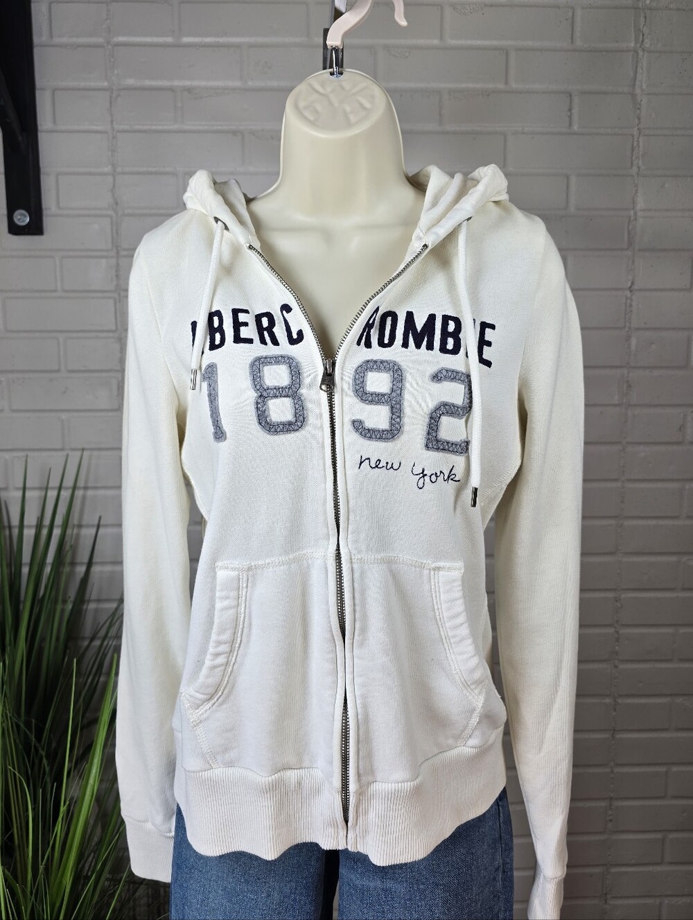 Vintage Y2k Abercrombie And Fitch Ivory Zip Up Hoodie Juniors Large